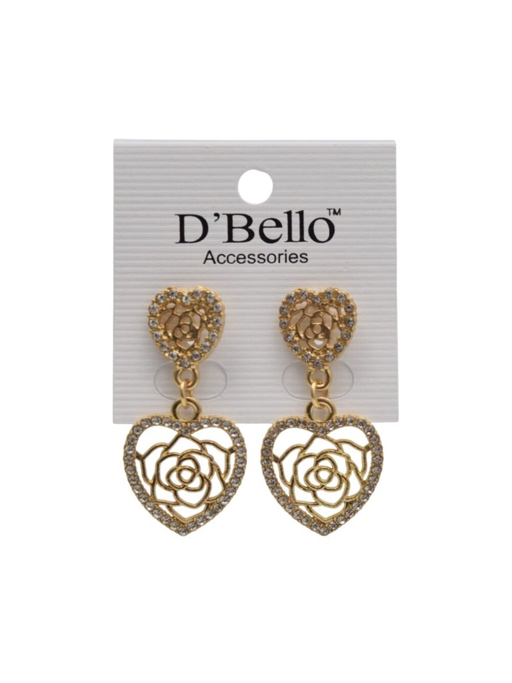Heart Rose Drop Earrings Sparkly Rhinestone Gold Tone Statement Jewelry DBello